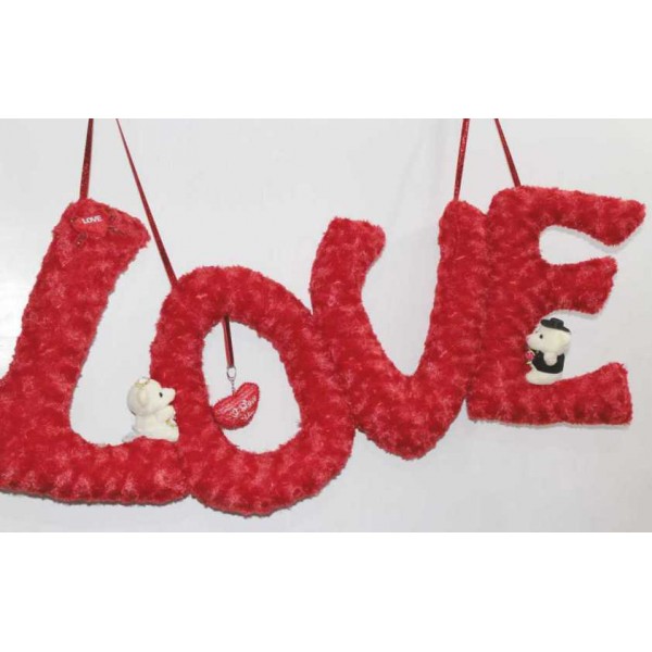 Beautiful Big Hanging Red Plush LOVE Letters with Teddy Couple